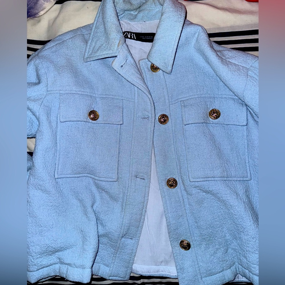Blue Puffer Jacket with Golden Button